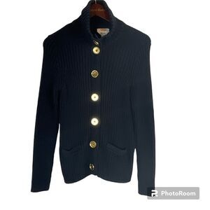 Talbots Sz M Navy Blue Cardigan Pima Cotton Chunky Knit Sweater Gold Buttons N1
